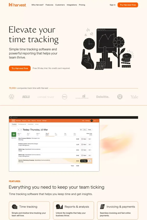 Harvest | Easy Time Tracking Software With Invoicing - Landing design inspiration
