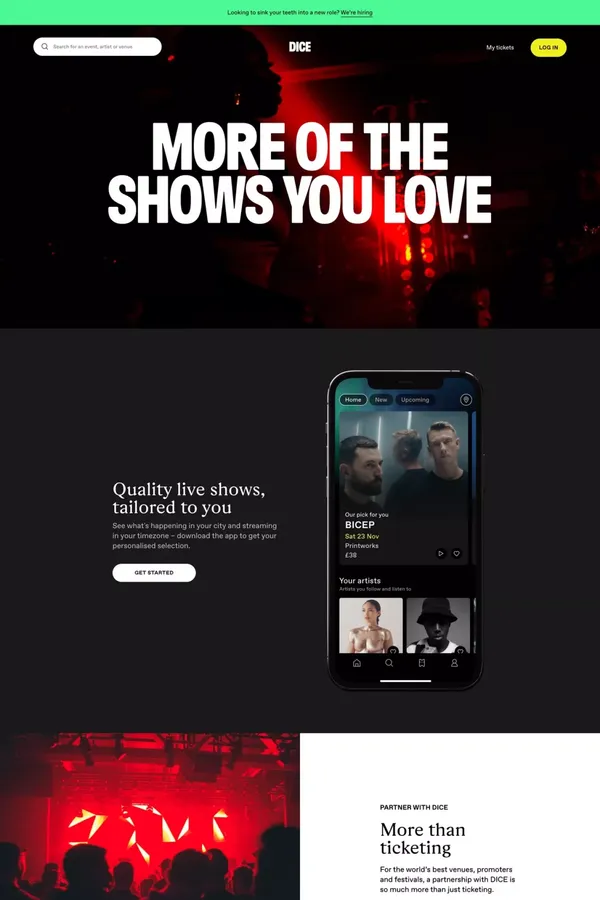 DICE | Discover and get tickets for events and live streams - Landing design inspiration