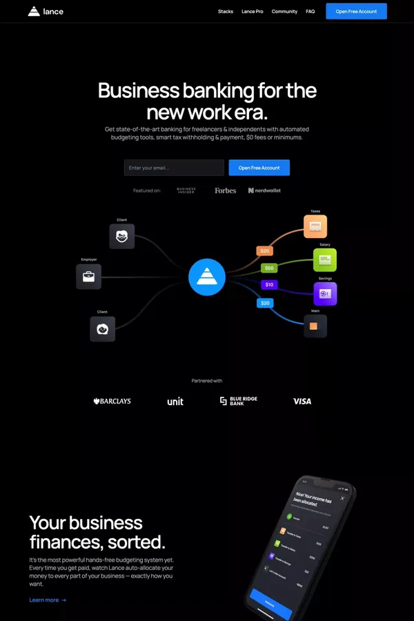 Lance - Smart Business Banking for Freelancers - Landing design inspiration