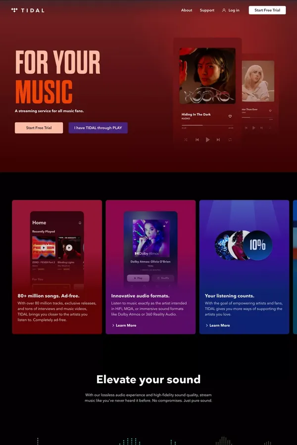 TIDAL - High Fidelity Music Streaming - Landing design inspiration