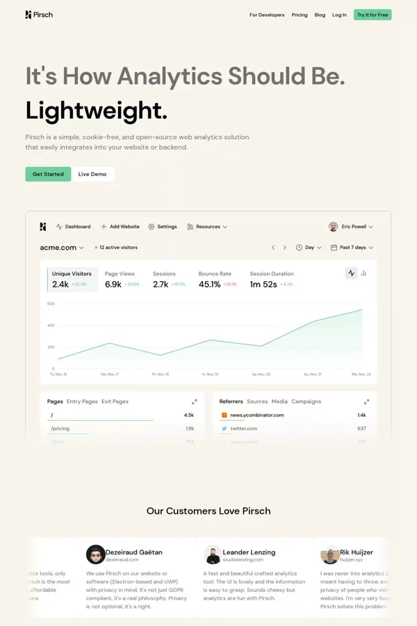 Pirsch ‒ Cookie-free and Privacy-friendly Web Analytics - Landing design inspiration