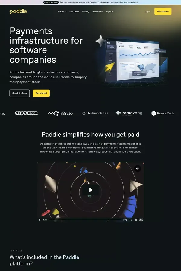 Paddle - Payments infrastructure for SaaS - Landing design inspiration