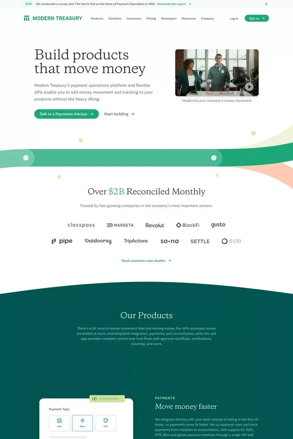Money Movement APIs | Modern Treasury | ACH, RTP, Wires and more payment methods - Landing design inspiration