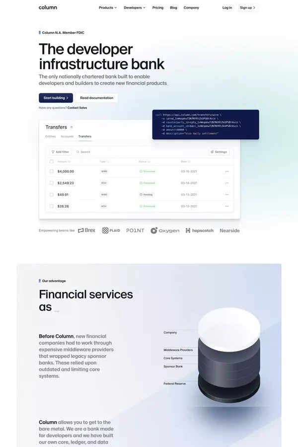 Column — The developer infrastructure bank - Landing design inspiration