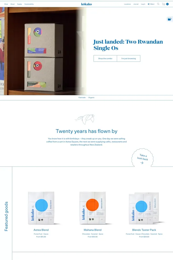 Kokako Organic Coffee Roasters - Ecommerce design inspiration