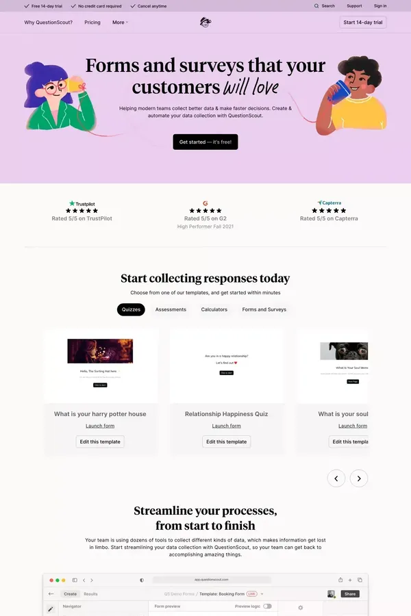 Streamline your processes, from start to finish | QuestionScout - Landing design inspiration