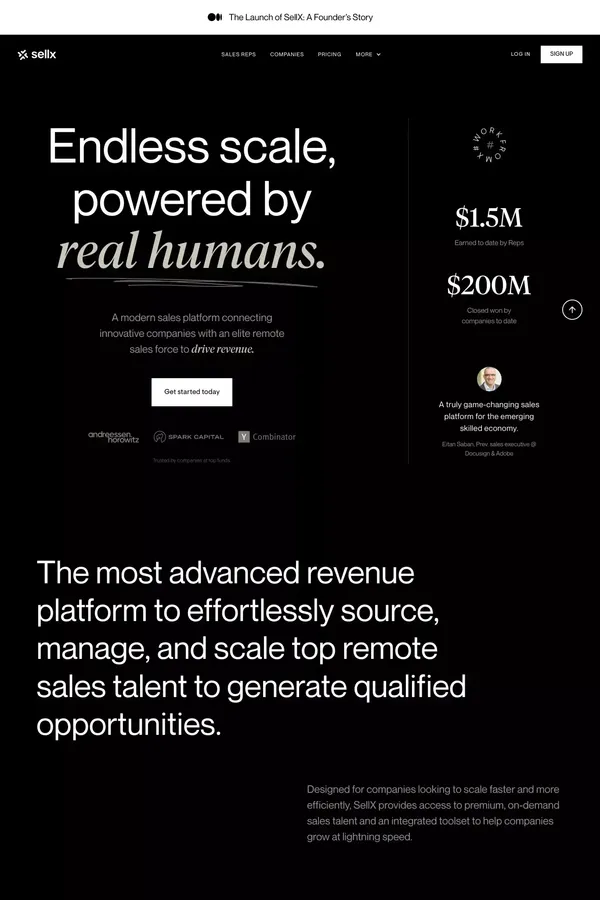 SellX: Effortlessly source, manage & scale remote sales talent - Landing design inspiration