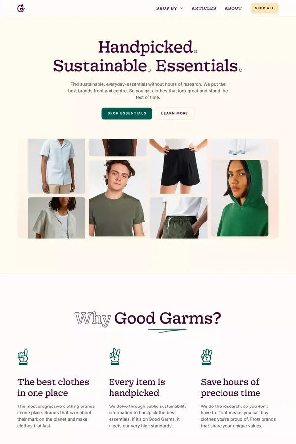 Good Garms · Discover Sustainable & Ethical Clothing - Ecommerce design inspiration