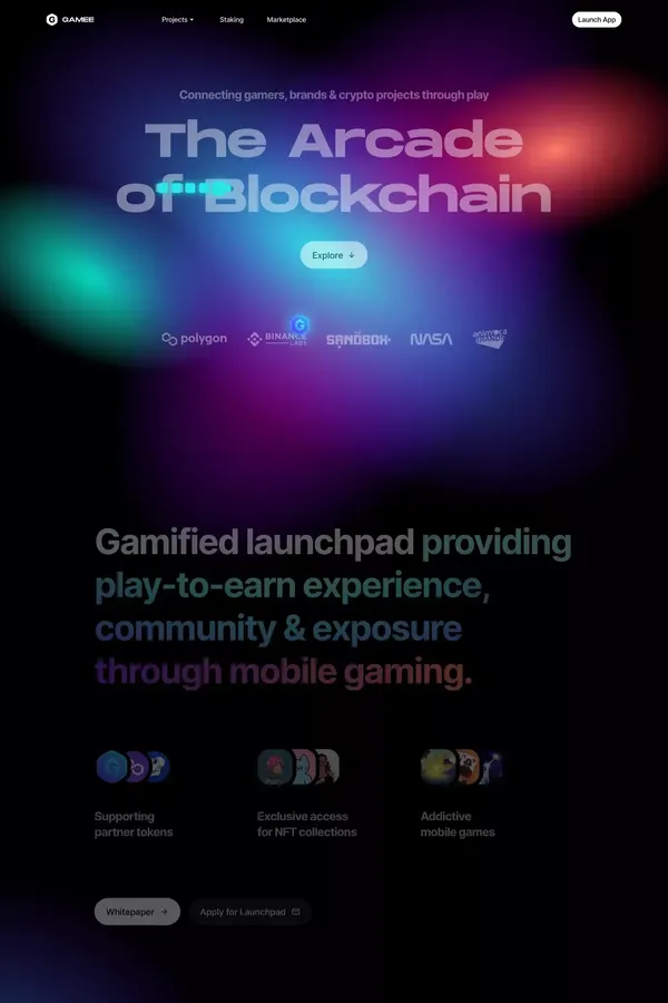 Blockchain meets mobile gaming | GAMEE - Landing design inspiration