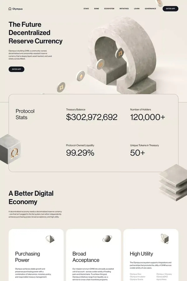 Olympus - The future decentralized reserve currency - Landing design inspiration
