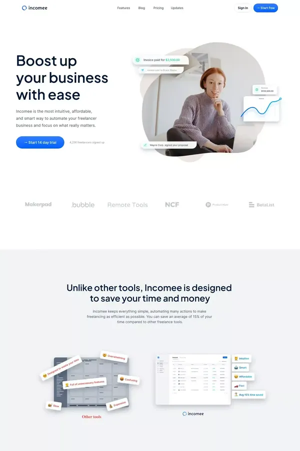 Incomee - Boost up your business with ease - Landing design inspiration