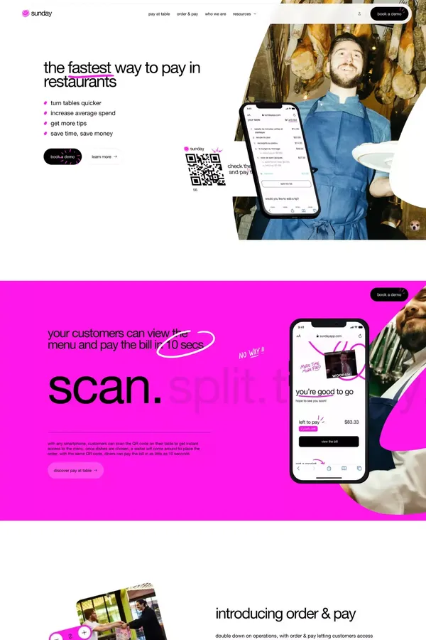 sunday - Your customers scan a qr code and pay in 10 seconds - Landing design inspiration