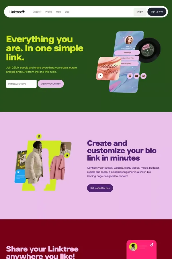 Link in bio tool: Everything you are, in one simple link | Linktree - Landing design inspiration