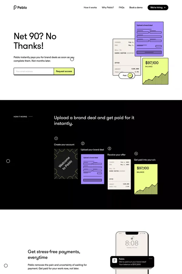 Peblo | Paying creators faster - Landing design inspiration