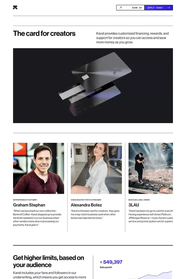 Karat • The Card for Creators - Landing design inspiration