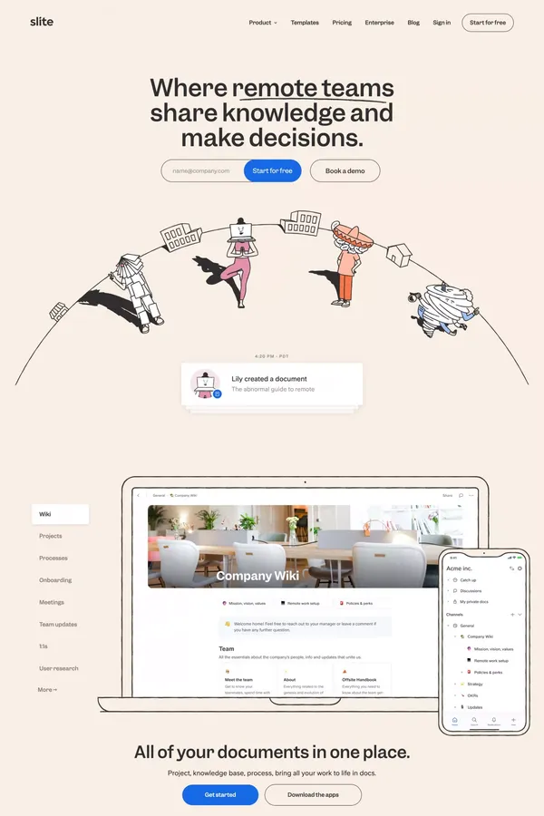 Slite - The workspace for remote teams - Landing design inspiration