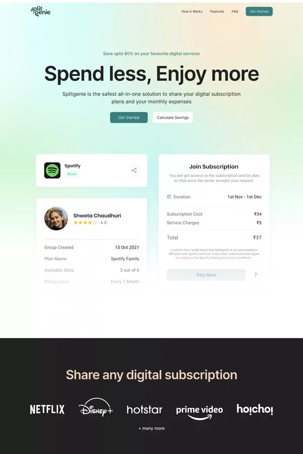 SplitGenie - Share and save upto 80% on your digital subscriptions - Landing design inspiration