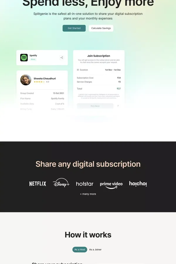 SplitGenie - Share and save upto 80% on your digital subscriptions - website design inspiration