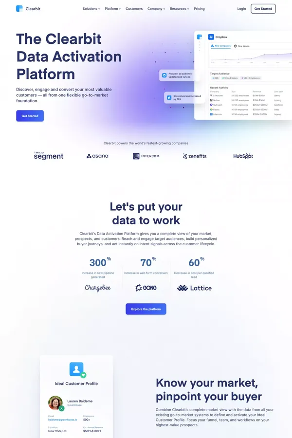 B2B Data Activation Platform for Marketing Intelligence | Clearbit - Landing design inspiration