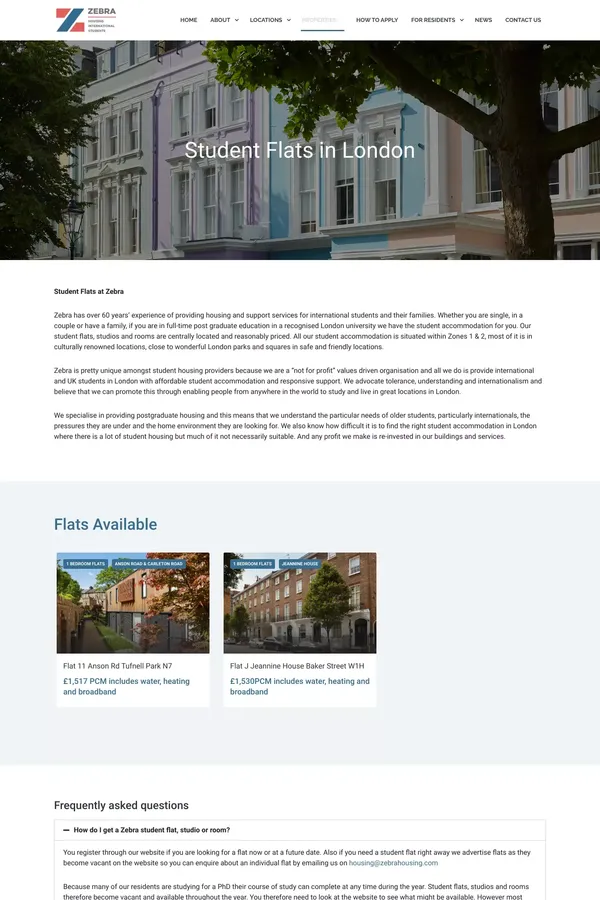 Student Flats London - London Housing Association - Zebra Housing Association - website design inspiration