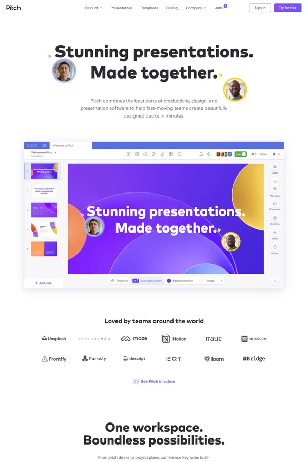Pitch | Collaborative presentation software for modern teams - Landing design inspiration
