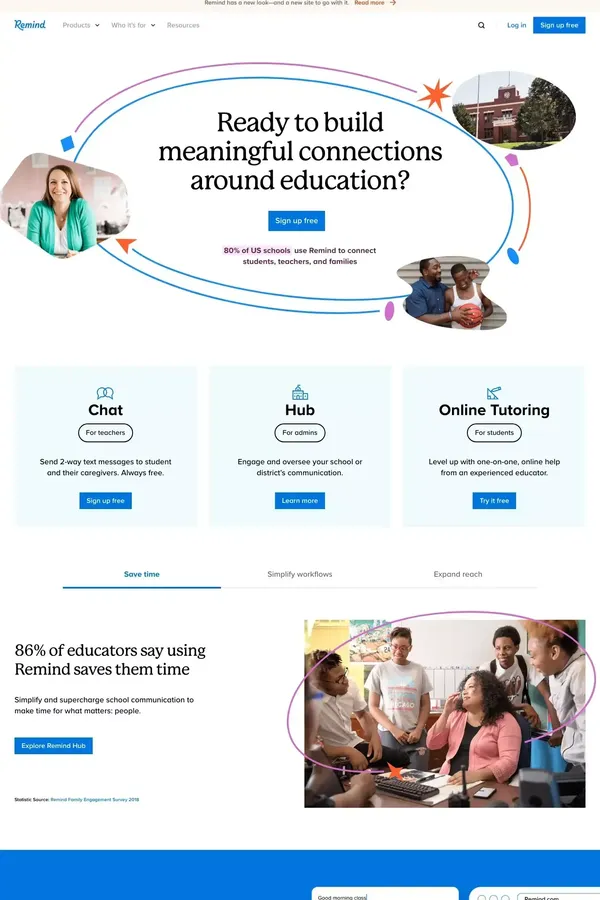 Remind is the best education communication platform. A solution built for educators, administrators, students & parents in mind. - Landing design inspiration