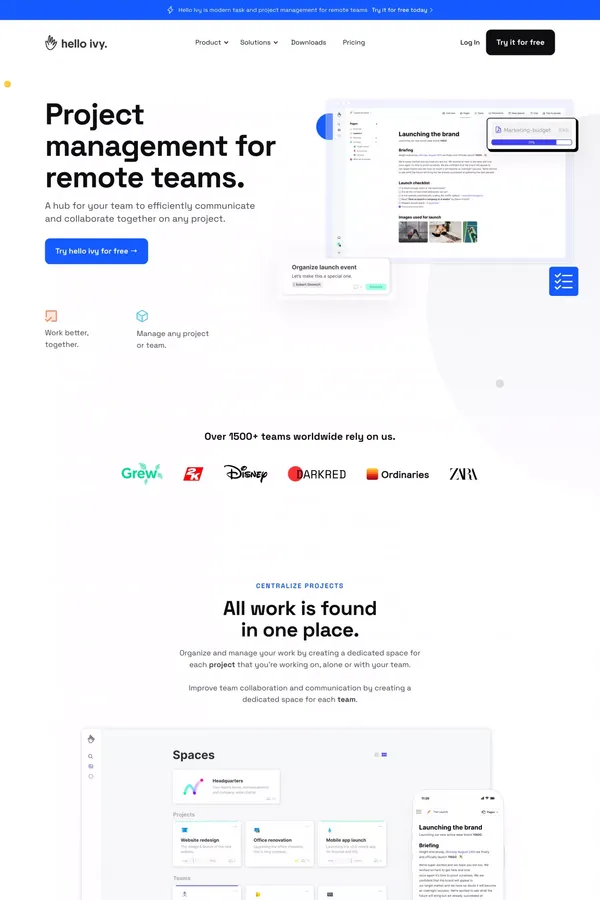 hello ivy - Project management and team communication software - Landing design inspiration