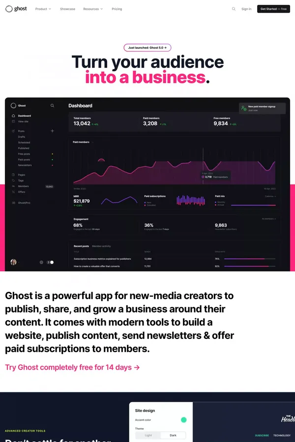 Ghost: Turn your audience into a business - Landing design inspiration