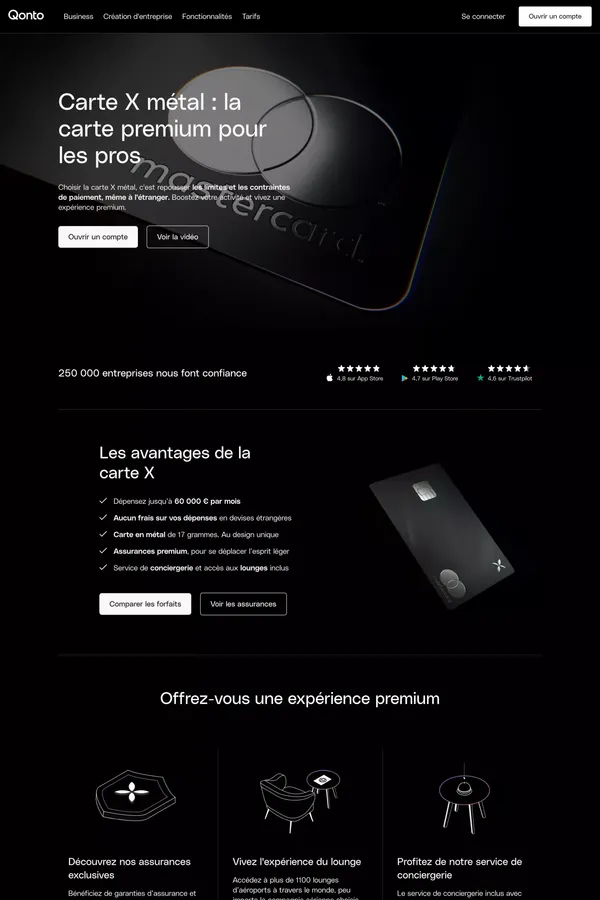 Carte X métal : la carte premium pour les pros - Landing design inspiration