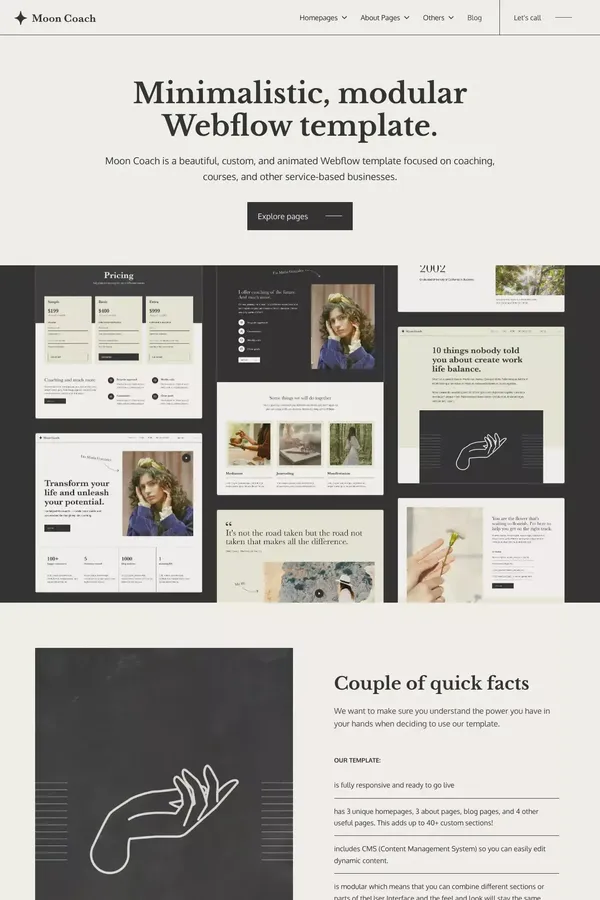 Moon Coach | Modular, minimalistic Webflow template.