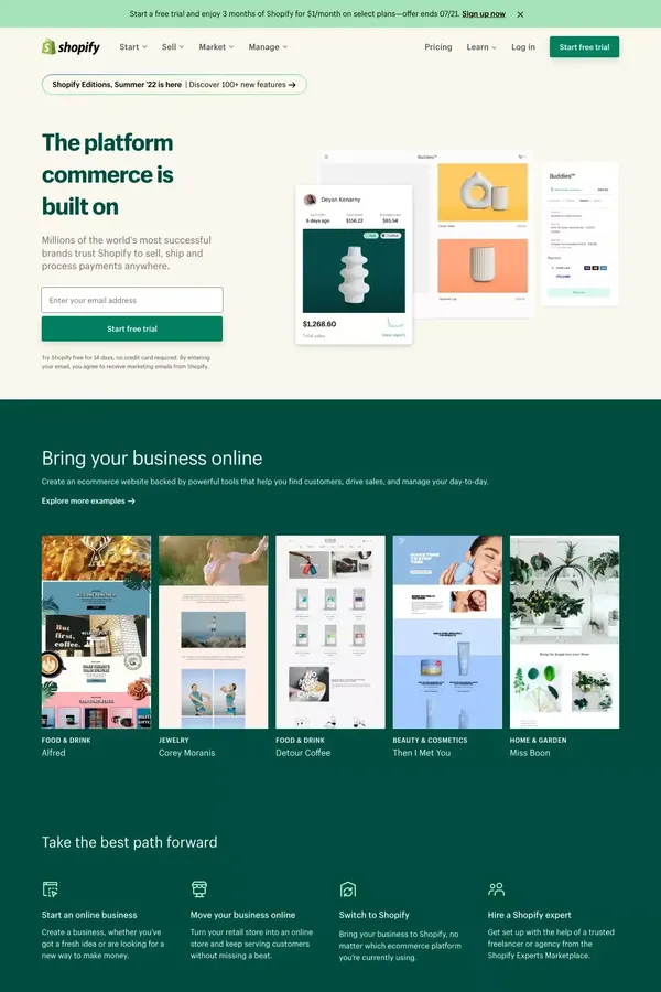 Start and grow your e-commerce business - 14-Day Free Trial - Landing design inspiration