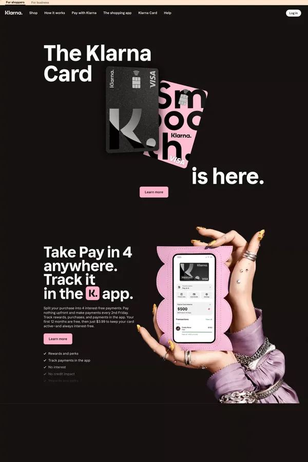 The Klarna Card: Pay online, offline & abroad - Landing design inspiration