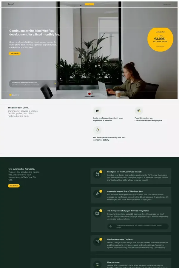 Onym+Co. - Continuous white-label Webflow development for a fixed monthly fee. - website design inspiration