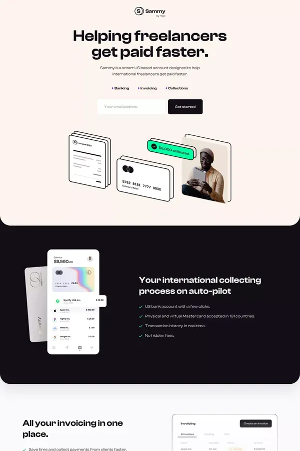 Sammy - The first US Bank for freelancers - Landing design inspiration