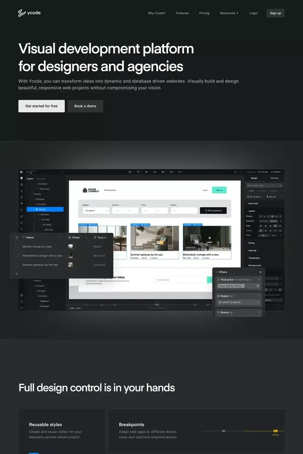 Visual development platform for designers and agencies - Ycode - Landing design inspiration