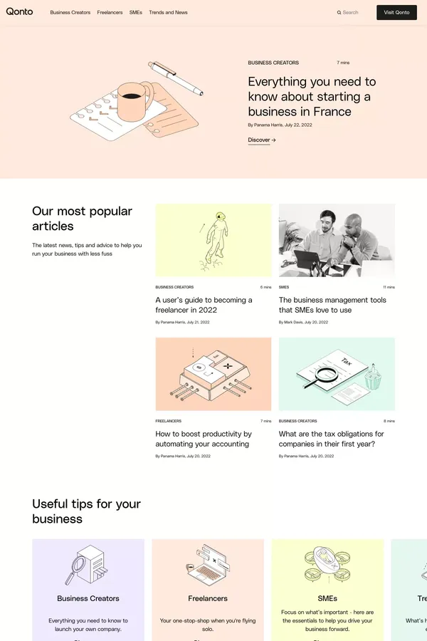 Qonto - Blog for entrepreneurs, start-ups, & freelancers - Blog design inspiration