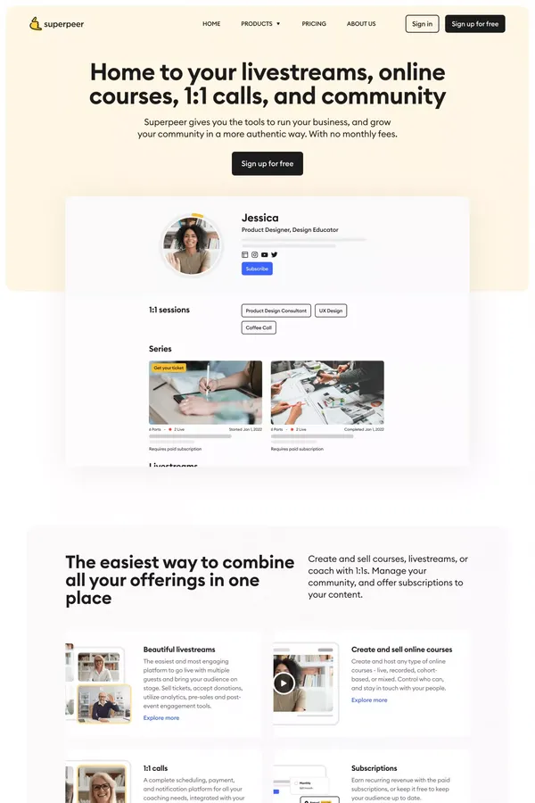 Superpeer | Home to your community with livestreams, live courses, 1:1s and more! - Landing design inspiration