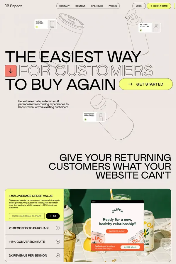 Repeat | The end to end reordering experience for CPG Brands on Shopify - Landing design inspiration