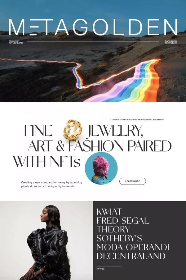 Jewelry + fashion + art paired with digital NFT assets – Metagolden - Ecommerce design inspiration