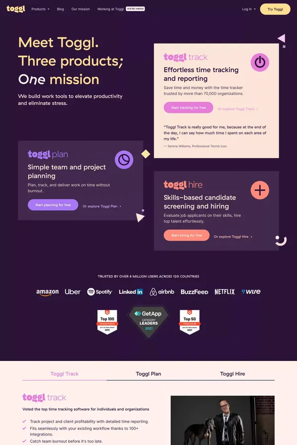 Toggl: Time Tracking, Project Planning and Hiring Tools to Help Teams Work Better - Landing design inspiration
