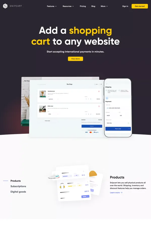 Add a Shopping Cart to Any Website in Minutes - Snipcart - Landing design inspiration