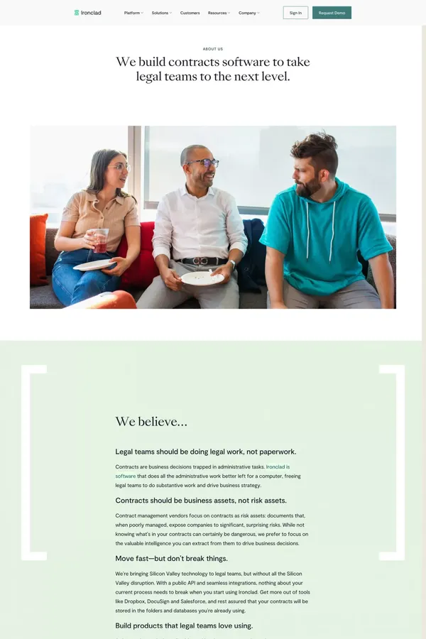 Contract Lifecycle Management Software for Legal Teams | Ironclad - About Us  design inspiration