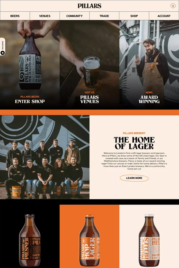 Pillars Brewery - Craft Lager Brewery East London - Ecommerce design inspiration
