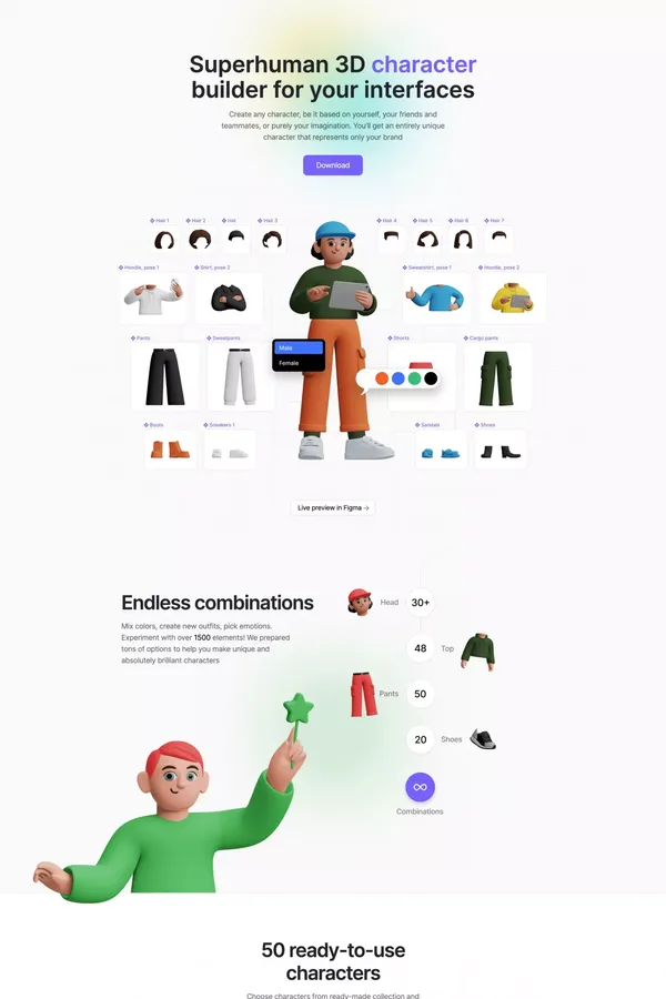 Superhuman 3D Character Builder - Landing design inspiration