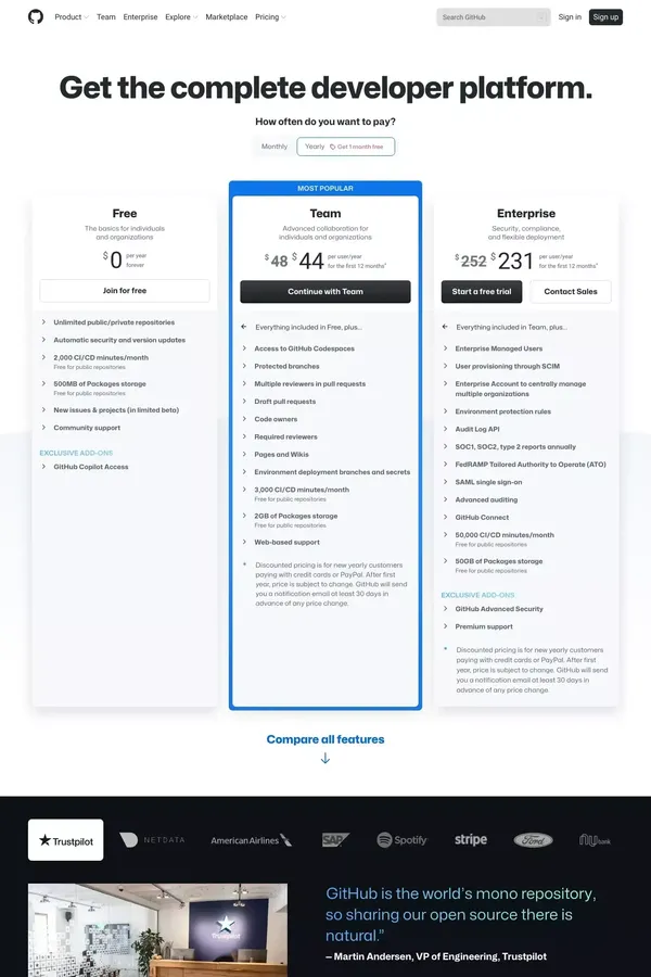 Pricing · Plans for every developer · GitHub - Pricing design inspiration