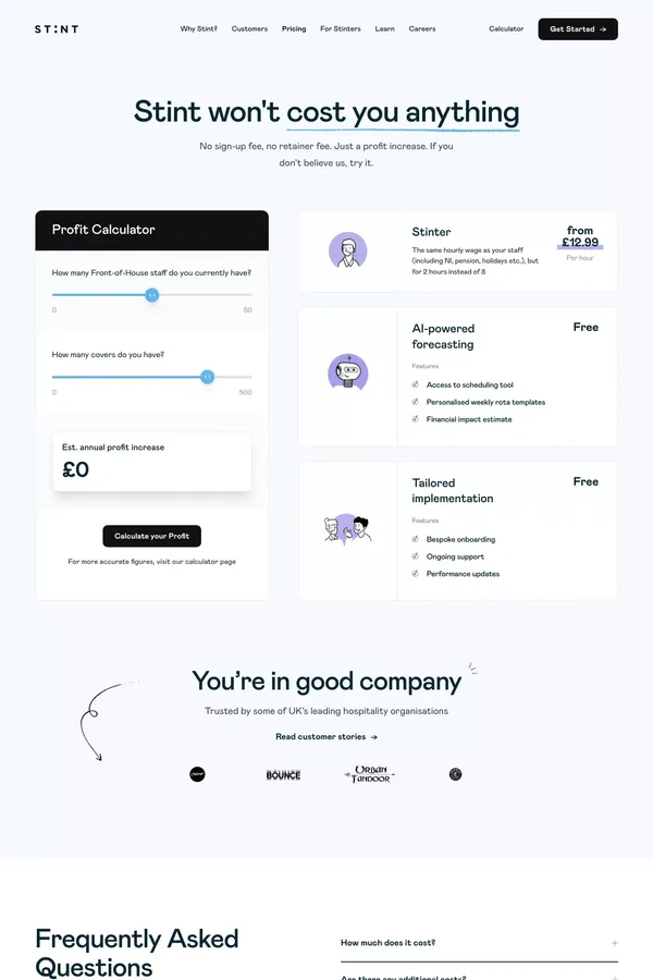 Stint Pricing - No sign-up fee, no retainer fee, just a profit increase - Pricing design inspiration