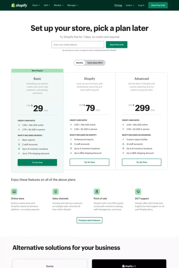 Shopify Pricing - Setup and Open Your Online Store Today – Free Trial - Pricing design inspiration