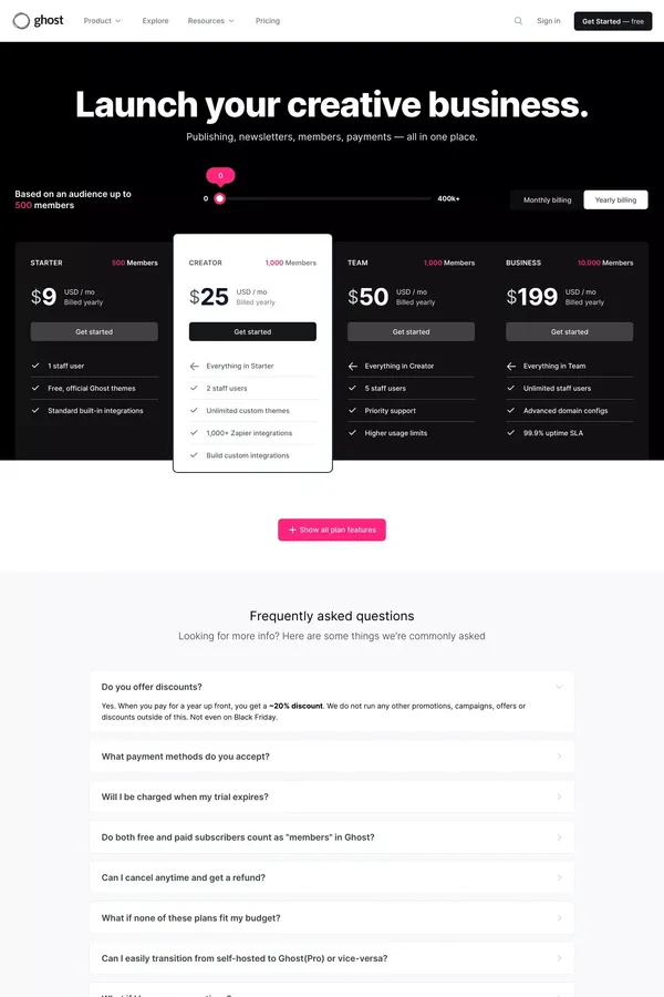 Ghost(Pro) - Official managed hosting for Ghost - Pricing design inspiration