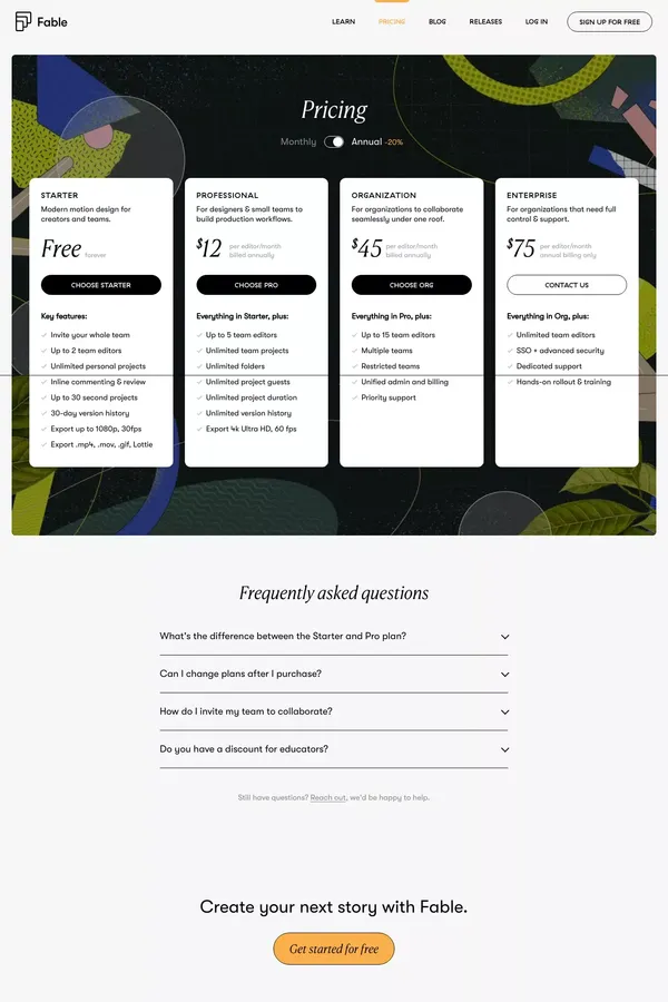 Plans, Pricing and Membership | Fable - Pricing design inspiration