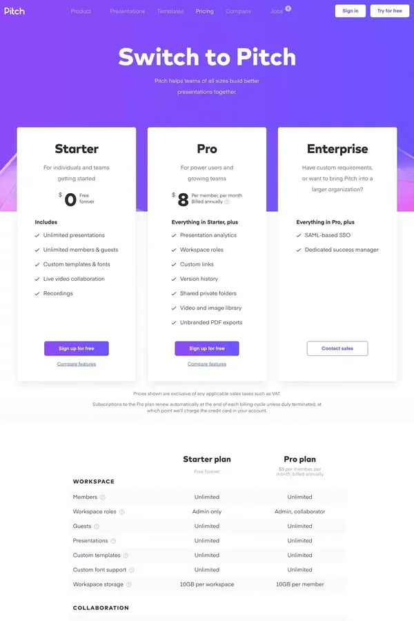 Pricing | Pitch - Pricing design inspiration
